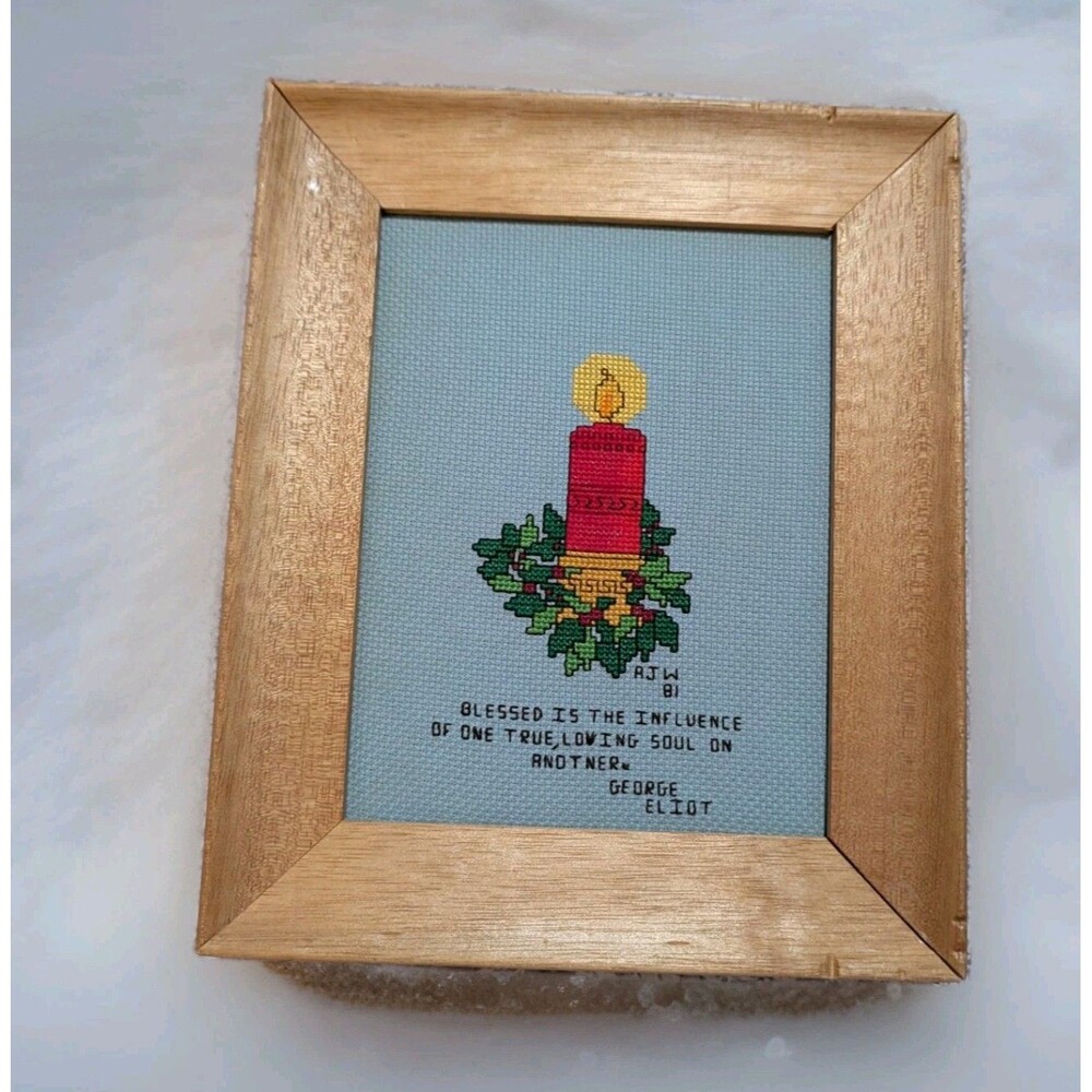 Vintage 1981 Finished Cross Stitch Framed George Eliot Quote Christmas Candle